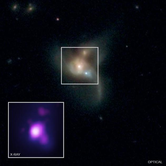 多个望远镜捕捉到的SDSS J084905.51+111447.2星系系统的图像。这是一个由三个合并的星系组成的系统,距离地球约10亿光年。一项新的研究报告称,该星系中有三个正处于碰撞过程中的超大质量黑洞