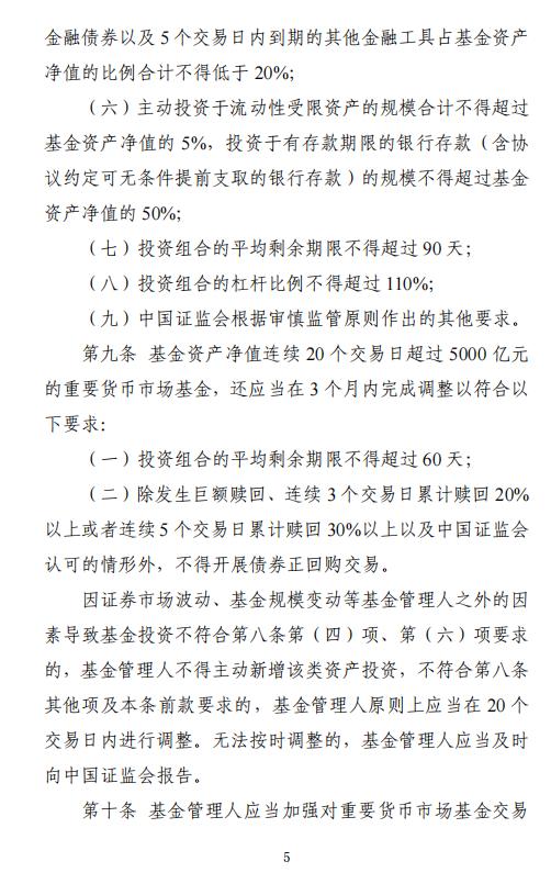 证监会、央行发布重要货币市场基金监管暂行规定:持有一家公司发行的证券市值不超基金净值5％ 杠杆不超110％