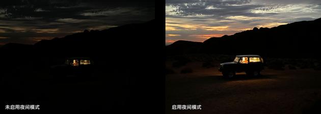 关闭夜间模式和开启夜景模式对比(图来自苹果官网)