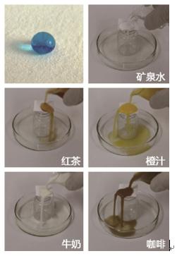 水滴(染成蓝色以便观察)在防水耐火纸表面形成球形水珠,在纸表面滚动而不会被纸吸收;防水耐火纸对多种商业饮料都呈现出优良稳定的超疏水性能