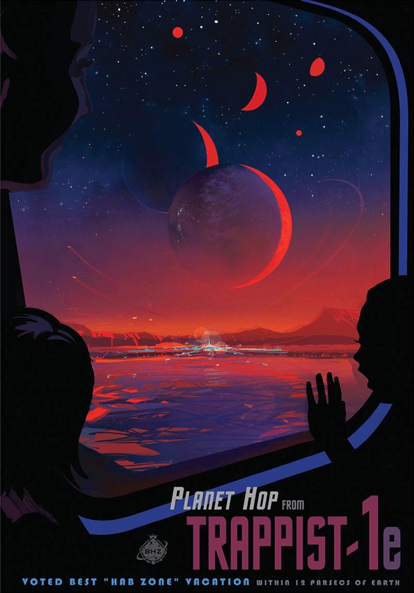 图中是美国宇航局太空旅游海报,呈现一颗系外行星环绕红矮星TRAPPIST-1运行,天文学家认为,TRAPPIST-1系统中有7颗行星,它们都与该恒星保持潮汐锁定。图中太空旅客抵达的是TRAPPIST-1e,这颗行星位于恒星宜居带,专家推测TRAPPIST-1e表面存在液态水。
