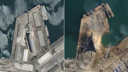 爆心地区前后对比图,港口被挖出一个巨坑。| CNN