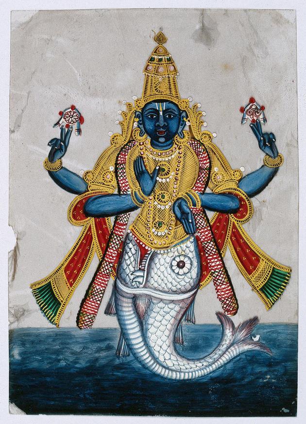 摩蹉(Matsya)是印度教大神毗湿奴十个化身中的第一种,通常形象为上身为人,下身为鱼