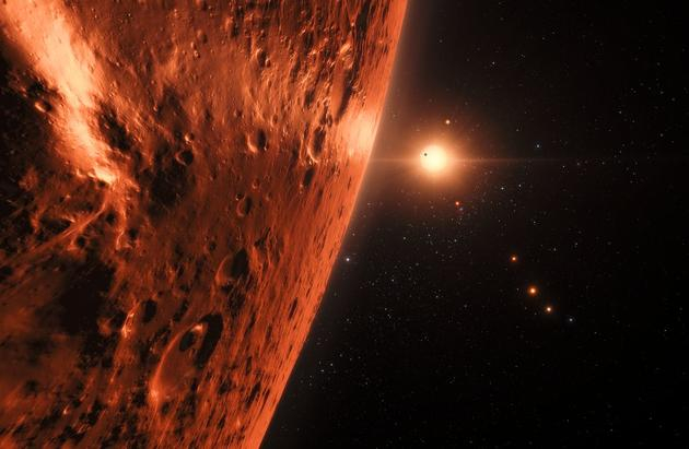 图中是艺术家描绘的快速飞越一颗系外行星。德国歌德大学理论物理学家格罗斯假设称,一艘1.5吨重的太空飞船将从地球发射,向其它行星播种生命,同时,一个巨大的陆基激光器将瞄向探测器50公里宽的光帆,提供大约30%光速的推进速度,完成部分太空旅行。