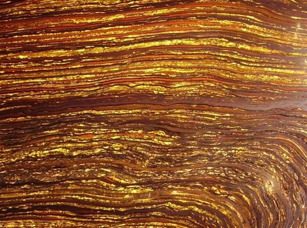 图中是澳大利亚西部黑德兰港附近发现的“虎纹铁(Tiger iron)”,像这样的条纹状铁结构形成于海水溶解铁与自由氧的反应过程,是地球上最早光合作用生命形式新陈代谢的副产物。