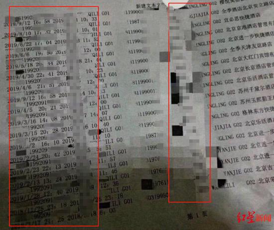 ↑张某某向记者提供的从科教处获取的调查记录中的开房记录。