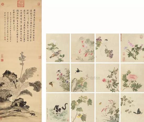 (左)香港佳士得 2014 菜根香 纸本立轴 (右)中国嘉德2012年春拍 仿宋人设色图册 册页 (十二开)