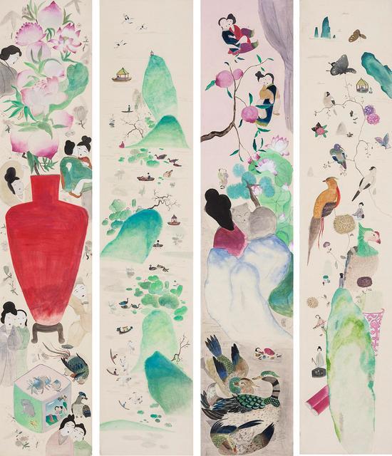 王濛莎《蓬莱四屏》 纸本设色 195x40cmx4 2016