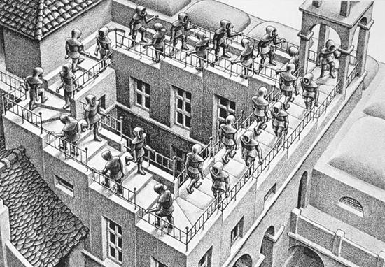 (Maurits Cornelis Escher, 1898-1972)〈上下阶梯〉(Ascending and Descending, 1960)。