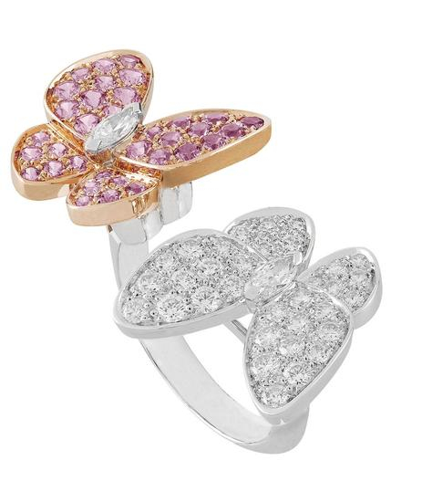 梵克雅宝Two Butterfly指间戒,玫瑰金镶嵌粉色蓝宝石