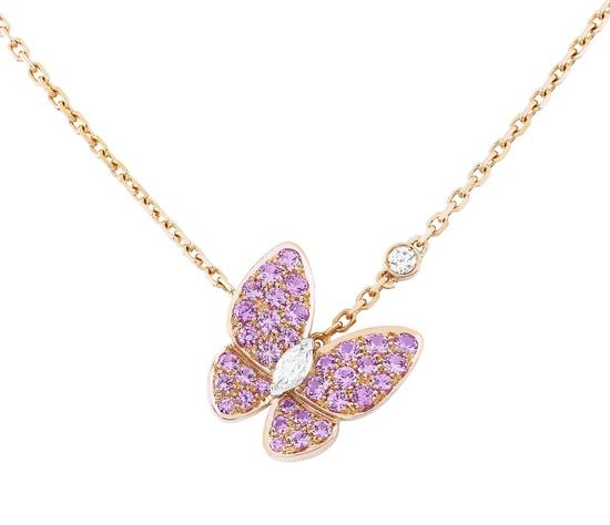梵克雅宝Two Butterfly项链,玫瑰金镶嵌粉色蓝宝石