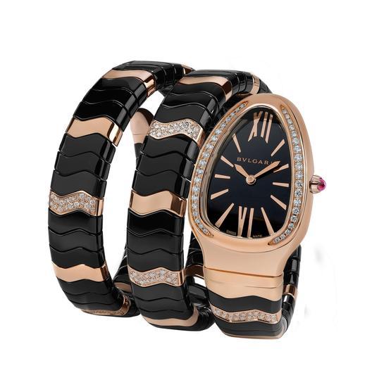 Serpenti Spiga系列腕表-双圈18K玫瑰金和黑陶瓷镶钻表链