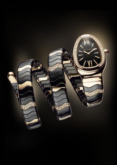 Serpenti Spiga系列腕表-双圈18K玫瑰金和黑陶瓷镶钻表链