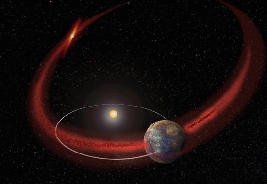 艺术示意图:研究显示水星上可能会周期性发生流星雨,原因是其轨道会周期性的穿越恩克彗星留下的碎屑物区域