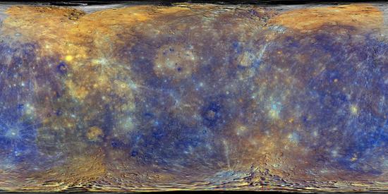 这是采用信使号探测器数据构建的水星地图,图像色彩经过加强