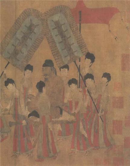 宫女们穿着拼接长裙。《步辇图》局部,唐朝阎立本绘