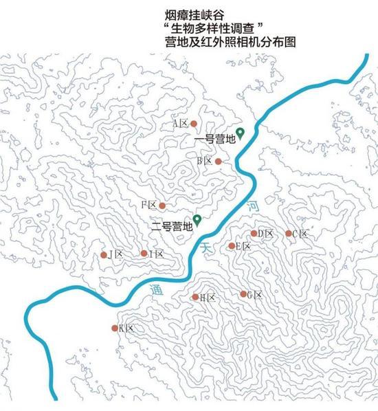 一张由卫星图生成的等高线地形图,展示了烟瘴挂峡谷的陡峭地形,“绿色江河”的两个考察营地分别位于峡谷口和峡谷内,用于隐蔽跟踪拍摄的红外照相机被安放在11个区域。制图/张立芸