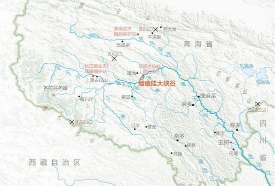 烟瘴挂大峡谷位置图 烟瘴挂峡谷是长江上的第一个大峡谷,在牙曲汇入通天河的地方形成了较大落差。因为地形险峻、环境封闭、人迹罕至,这里成为长江上游的一座生态孤岛。