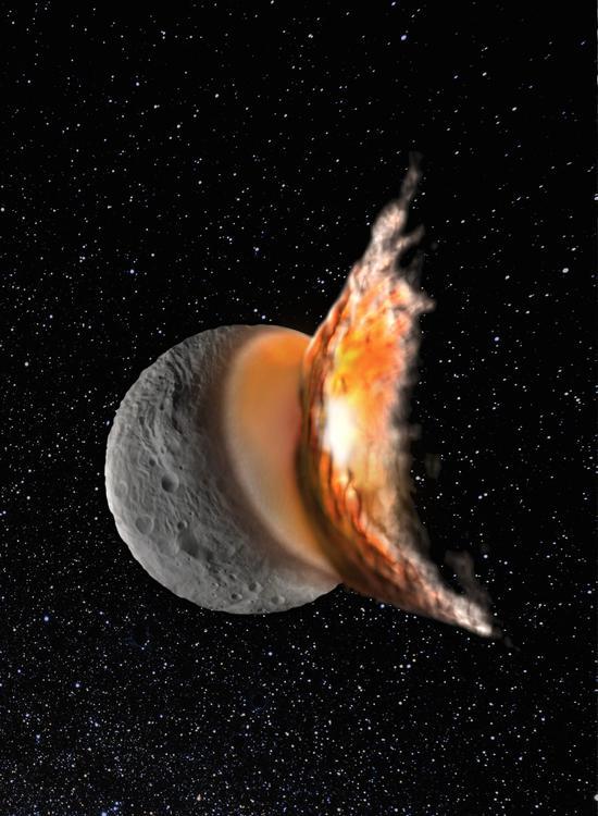 示意图:强烈的撞击事件在灶神星表面挖掘出直径巨大的Rheasilvia撞击坑。一项最新研究显示,今天的大多数小行星可能都是这样的撞击事件中形成的
