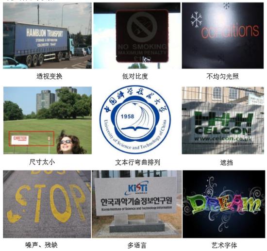 自然场景图片中的文字多样性示例
