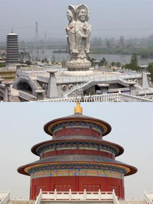 2014年4月5日,武汉新洲一农村豪华墓地,主体建筑“克隆”北京天坛,两边的佛塔“克隆”应县木塔,四面观音像“克隆”海南三亚的“南海观音”
