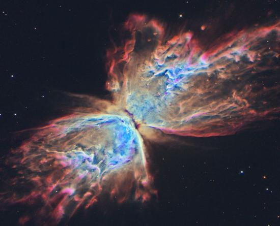 资料图片:哈勃太空望远镜拍摄到恒星“死亡”的画面,其颜色十分绚丽,形状酷似一只蝴蝶。天文学家拍摄的“蝴蝶”星云编号为NGC 6302,距离银河系大约有3800光年。这一星云是类太阳恒星演化晚期的产物,在它的中心有一个气体盘面,盘面的中央有两颗互相绕转的恒星。