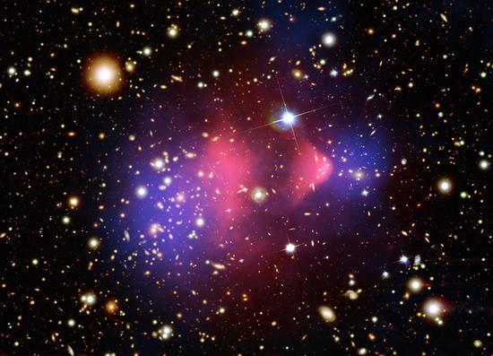 “子弹星系团”。它是人们发现的首个星系团相撞案例。这张图像中的恒星星光由哈勃空间望远镜拍摄;中性气体发出X射线辐射,由钱德拉塞卡X射线空间望远镜获取(粉色);而暗物质则以蓝色表示