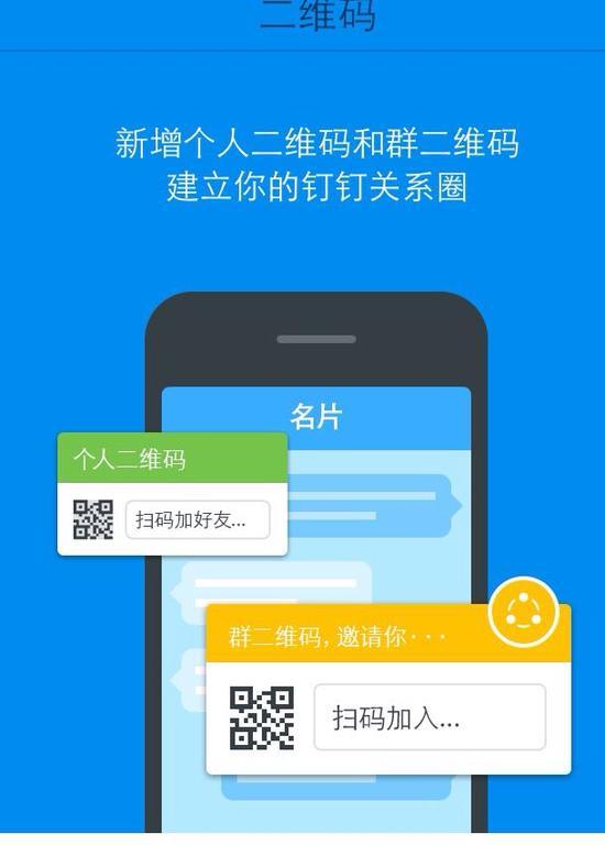 图示:“钉钉”1.5版本增加个人二维码和群二维码