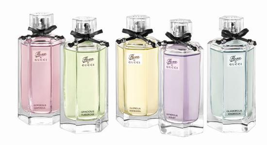 Gucci Flora Garden系列香氛(从左至右:绚丽栀子、雅致晚香玉、绽放柑橘、浓郁紫罗兰、魅惑木兰)