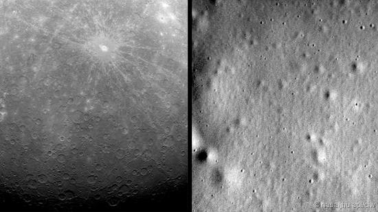 左图:信号好拍摄的第一张水星图像;右:信使号拍摄的最后一张水星图像