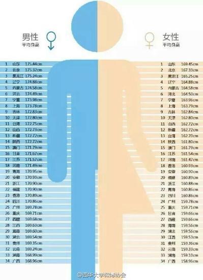 34省男女平均身高表