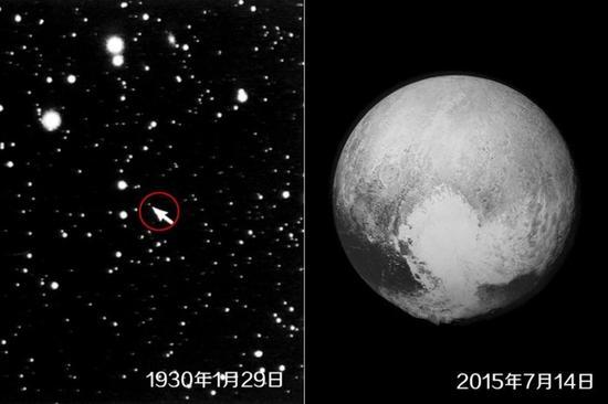 1930年冥王星刚刚被发现时的照片,和2015年美国新视野号探测器飞过冥王星时拍摄照片的对比