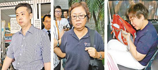 士林地检署传唤被告陈柏廷(左)、陈慧颖(中)、林玉芬(右)。 台湾“中央社”