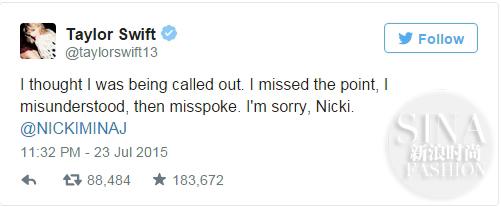 霉霉道歉:“我想是我误会了,然后还说错了话。对不起,Nicki!”