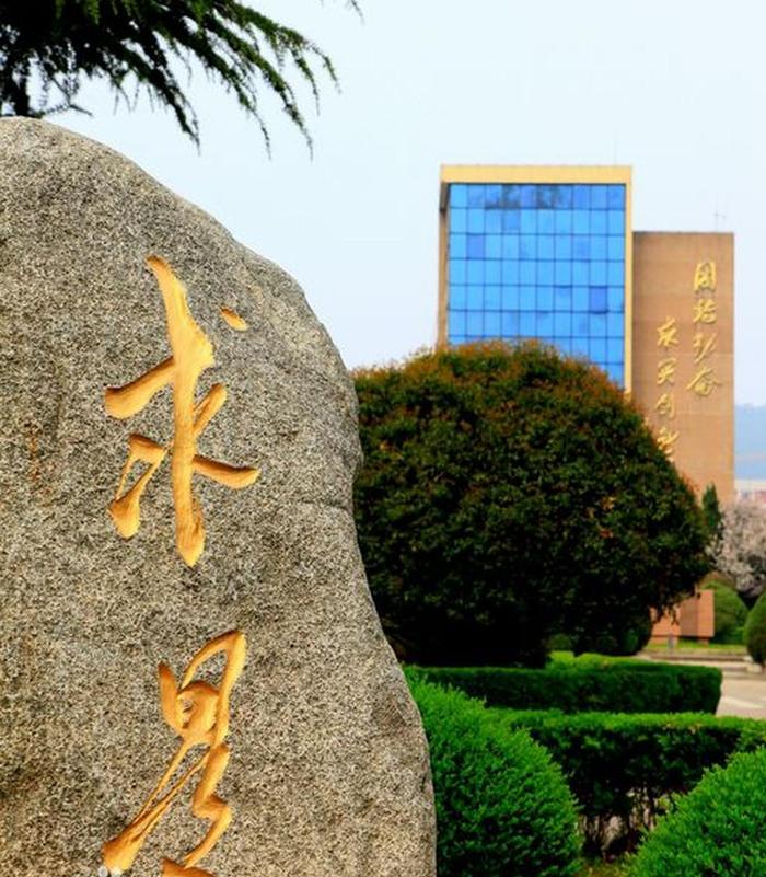 该校楼前的“求是”石。