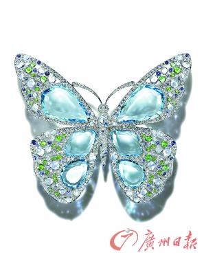 蒂芙尼2015 Blue Book“海之博韵”高级珠宝系列,铂金镶嵌海蓝宝石、钻石及彩色宝石蝴蝶胸针。