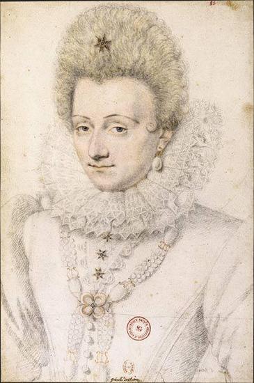 Daniel Dumoûtier, 加百利(Gabrielle d'Estrées)肖像, 1599年左右, Pierre noire et sanguine. 34,1 x 22,7 cm, 法国国家图书馆,巴黎