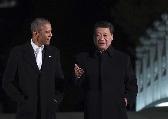 2014年“瀛台夜话”,习近平和奥巴马——黑大衣对黑大衣。