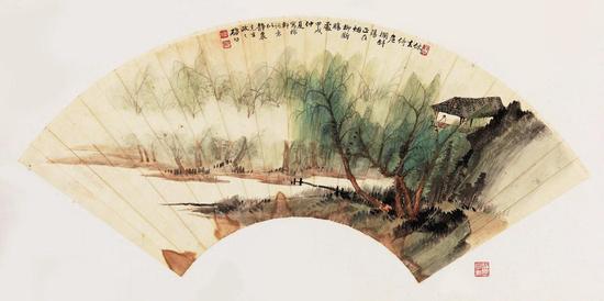 启功 稼轩词意 纸本镜心(扇面) 尺寸:18.5×52.5cm