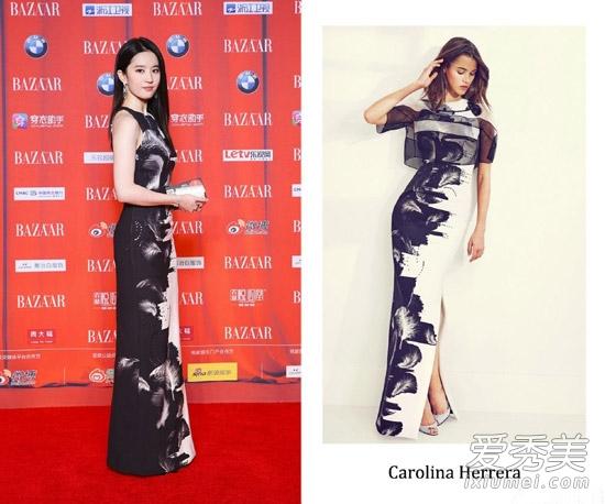2015芭莎慈善夜刘亦菲身穿Carolina Herrera黑白水墨风印花长裙亮相