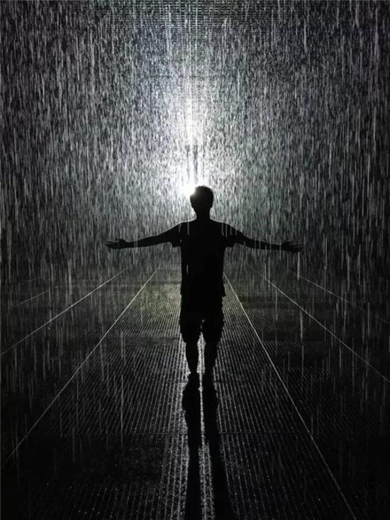 当观展者置身其中时,可自由地在滂沱大雨中穿梭、嬉戏,却丝毫不被淋湿
