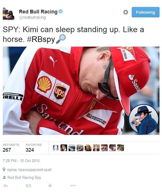 红牛车队官方推特调侃莱科宁，称“Kimi能像马一样站着睡觉”。