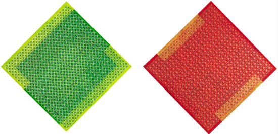 左 《十示2000-10》,成品布上丙烯,197 x 197 cm 右 《十示2000-12》,成品布上丙烯,197 x 197 cm