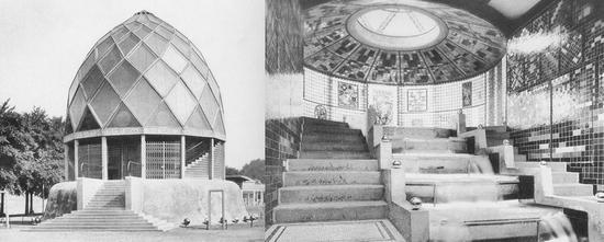 图5 陶特1914年建造的玻璃宫外景和室内场景
