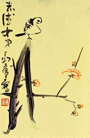 丁衍庸《梅雀图》 1967年 木板油画