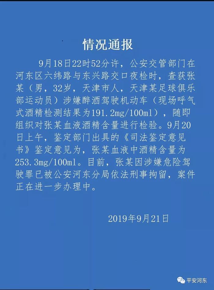 国足门将张鹭醉驾已被天津警方刑拘 血液酒精数值高达253.3