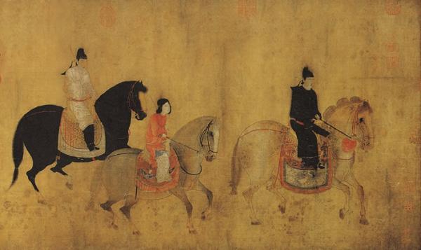 有学者认为画面中第一匹马上、男装打扮的人为虢国夫人