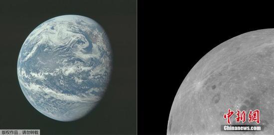 资料图:左图为1969年7月16日,阿波罗11号执行任务中,10000海里以外拍摄的地球景象;右图为1969年7月21日,阿波罗11号执行任务时拍摄的月球表面图像。