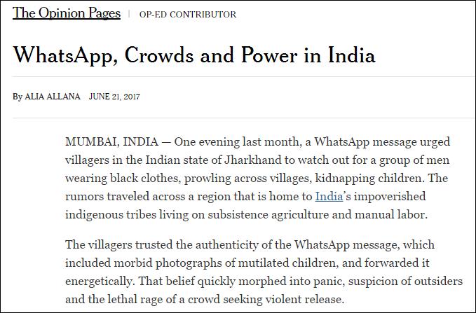 印度“微信”成谣言温床 已致数十人死亡