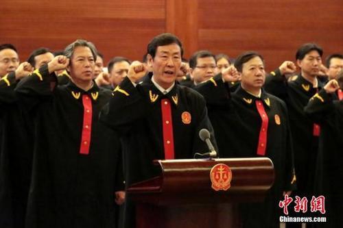 资料图:沈德咏常务副院长(中)领誓。中新社记者 李慧思 摄